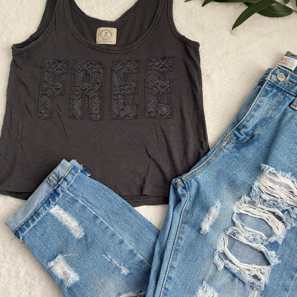 American Eagle Outfitters Charcoal Tank Top with 'FREE' Embroidery